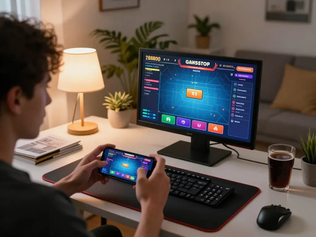 Person playing at non gamstop casinos on smartphone in modern home gaming setup.