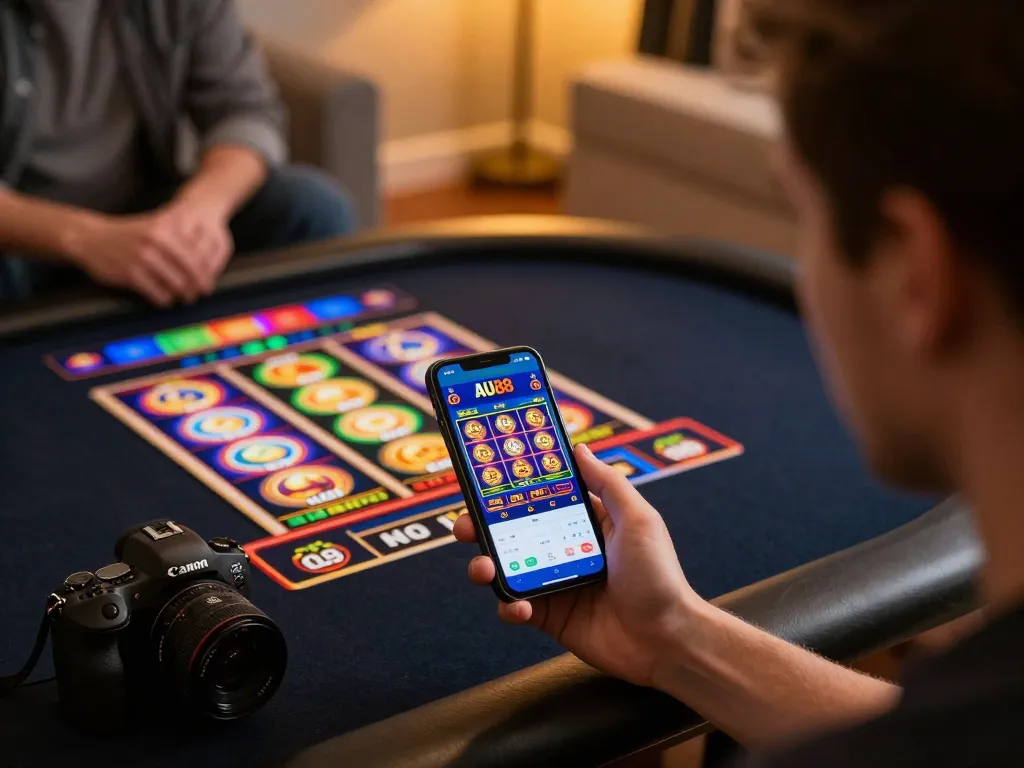 Engaging player utilizes AU88 app for online slots in a cozy home setting
