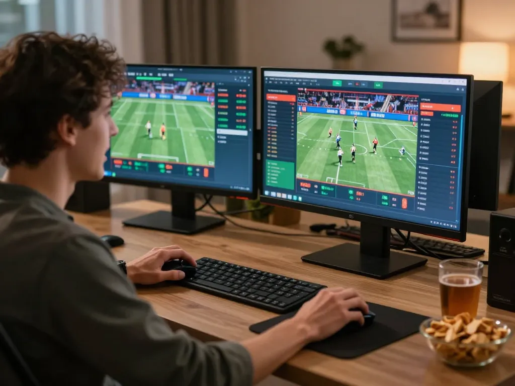 Engaged bettor using OKFUN for live sports betting with screens showing odds and events.