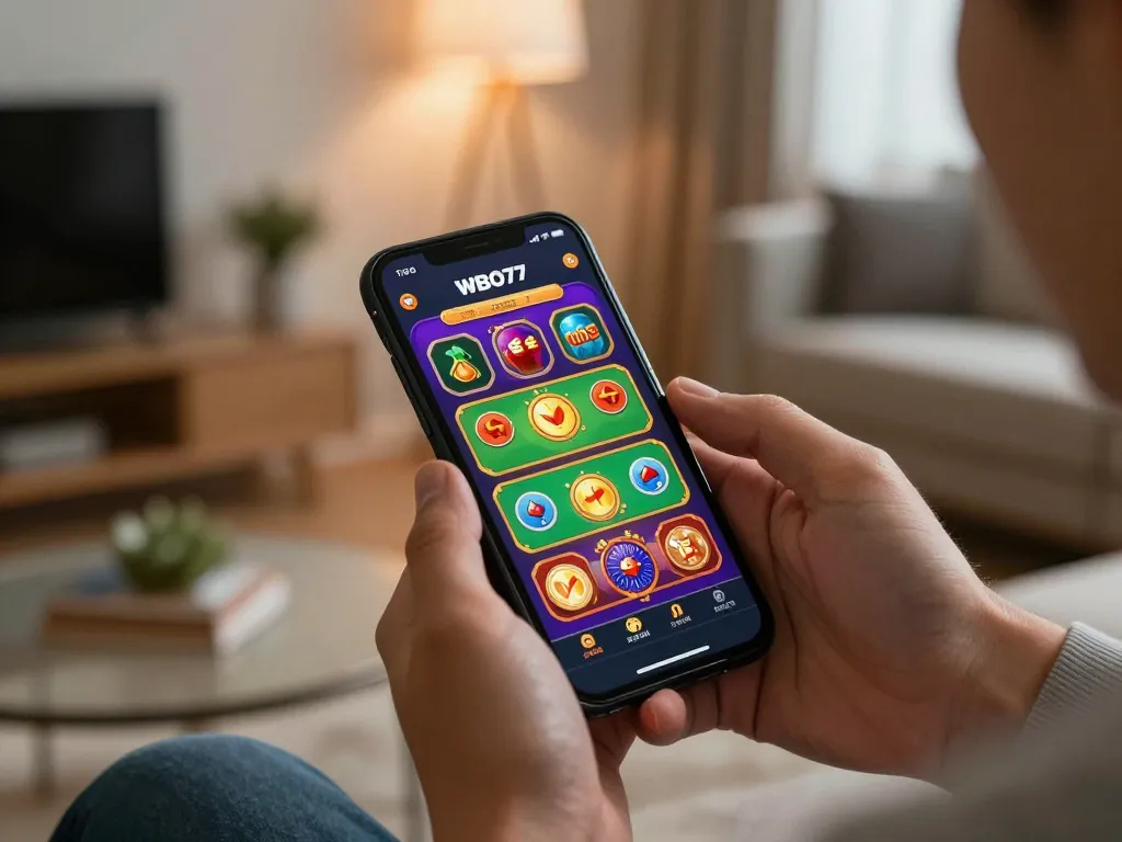 Pengalaman bermain game mobile yang menarik dengan aplikasi WBO77, menampilkan permainan kasino yang cerah di smartphone, kegembiraan di rumah yang nyaman.
