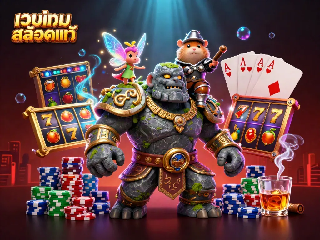 Engage with เว็บเกมสล็อตแท้ in a vibrant 3D illustration showcasing a golem, fairy, and hamster knight among colorful slot reels and poker elements.