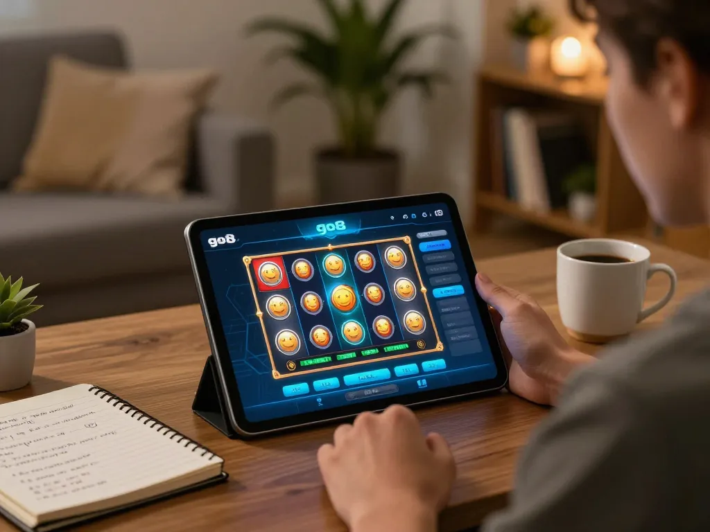 Engaging online gaming experience with go8 app on tablet in cozy living room setting.