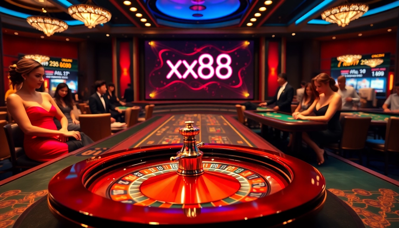 Players engaging at an elegant roulette table, showcasing gaming excitement and the xx88 logo.