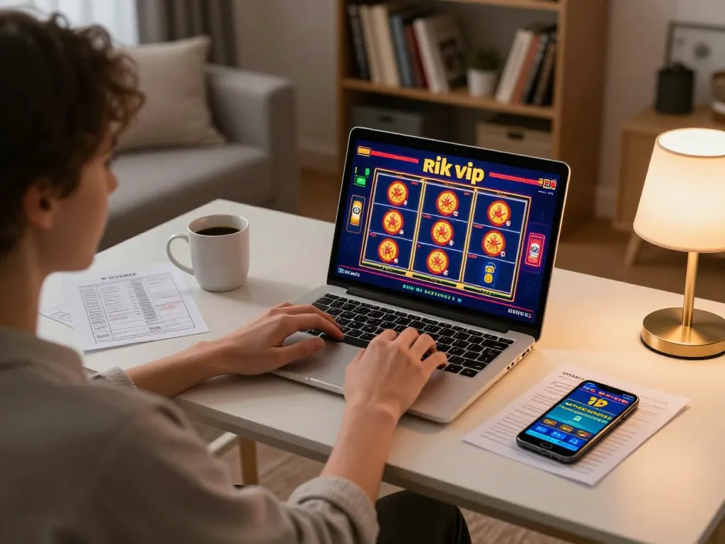 Player engaging with rik vip online casino on a laptop, showcasing vibrant game graphics and cozy atmosphere.