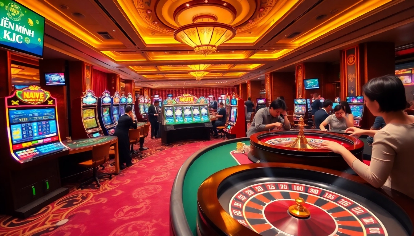 Players enjoying high-stakes games at Liên Minh KJC casino, showcasing luxury gambling experience.