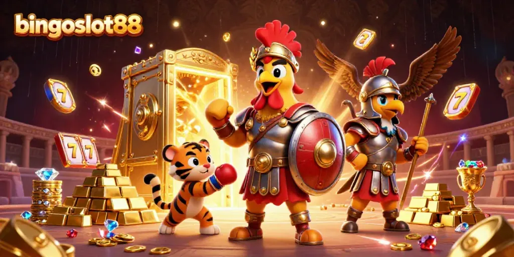 Momen seru bingoslot88 dengan karakter kartun gladiator dan elemen slot berkilau.
