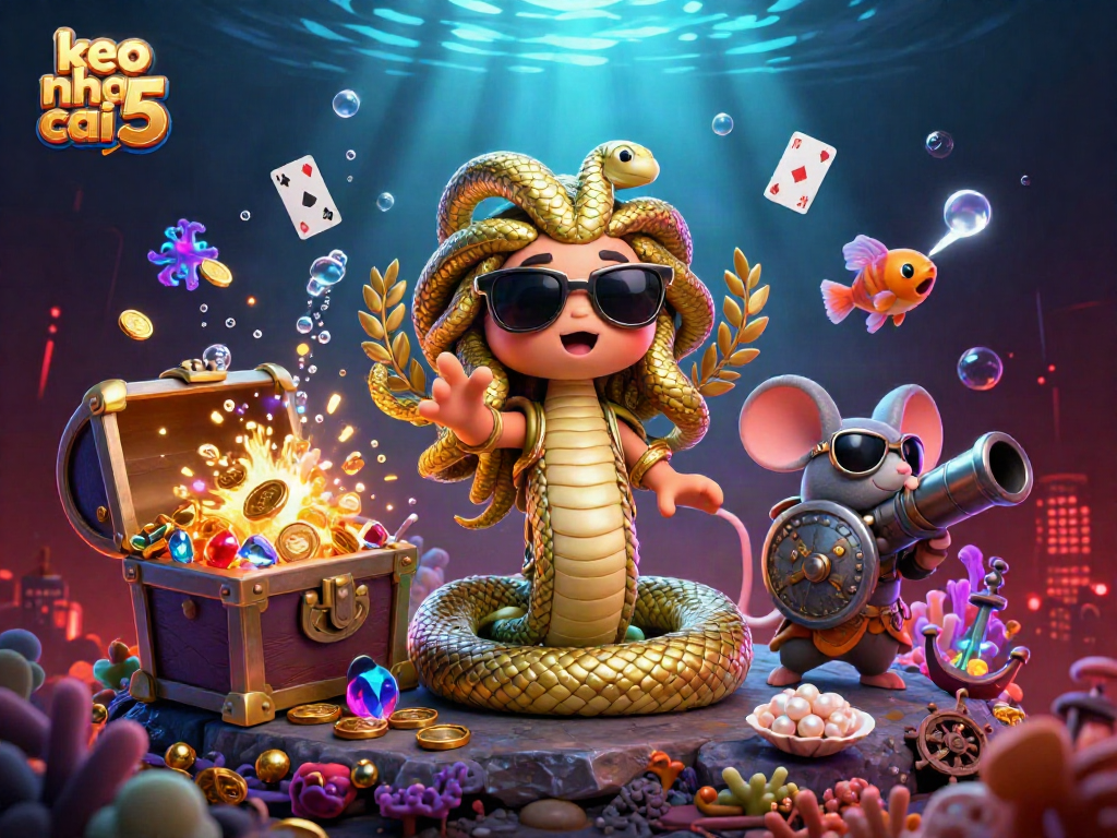 Engaging scene showcasing keo nha cai 5 with Medusa and a warrior mouse, surrounded by vibrant underwater casino elements.