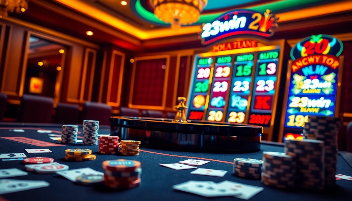 Experience the excitement of gambling at 23win with vibrant casino tables and slot machines.