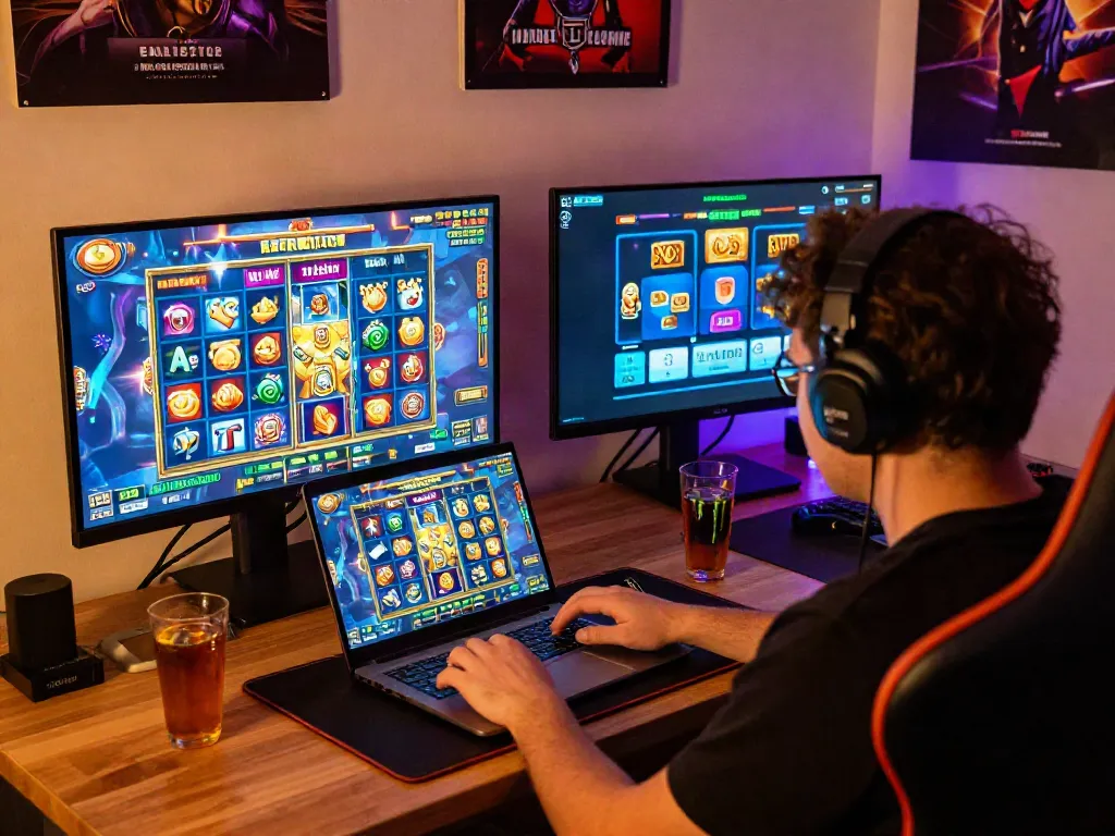Player enjoying slot resmi games on a laptop with vibrant graphics.