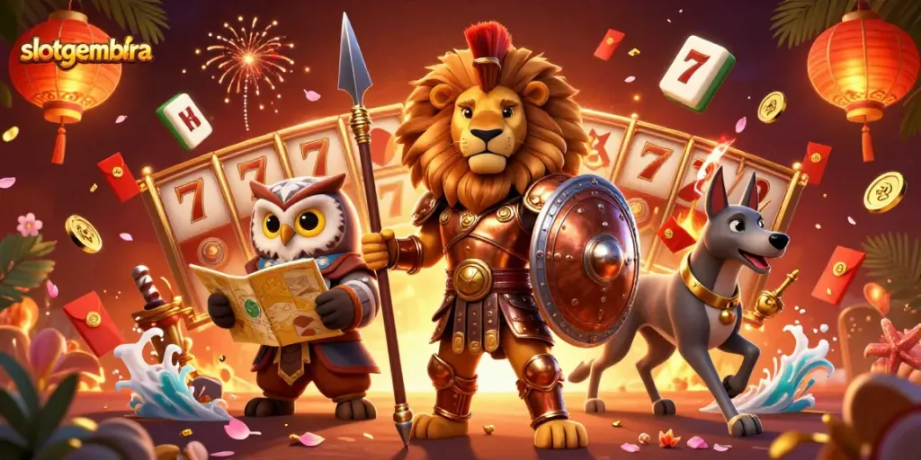 Engage with slotgembira by spinning vivid slot reels alongside valiant characters in a dynamic casino scene.