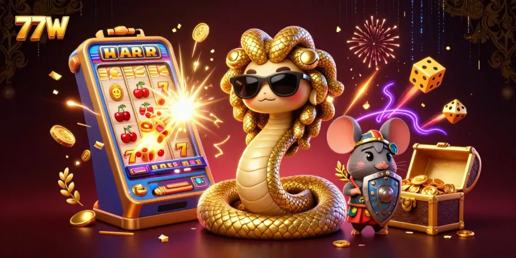 Spin the reels and win big at 77W with vibrant casino characters and jackpot excitement.
