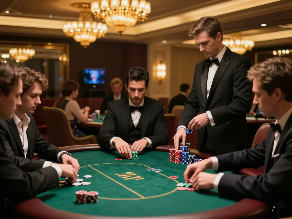 Players at a w4u high-stakes poker table in a luxurious casino environment.