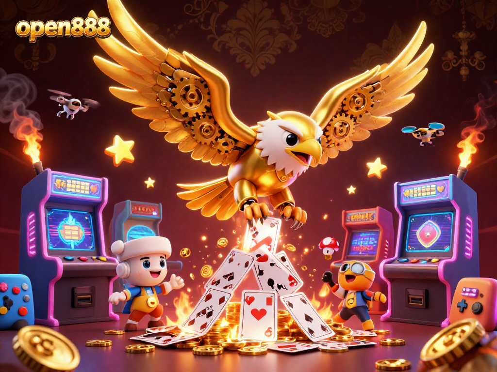 Experience the thrilling dive of the open888 cybernetic eagle amidst a vibrant casino gaming atmosphere.