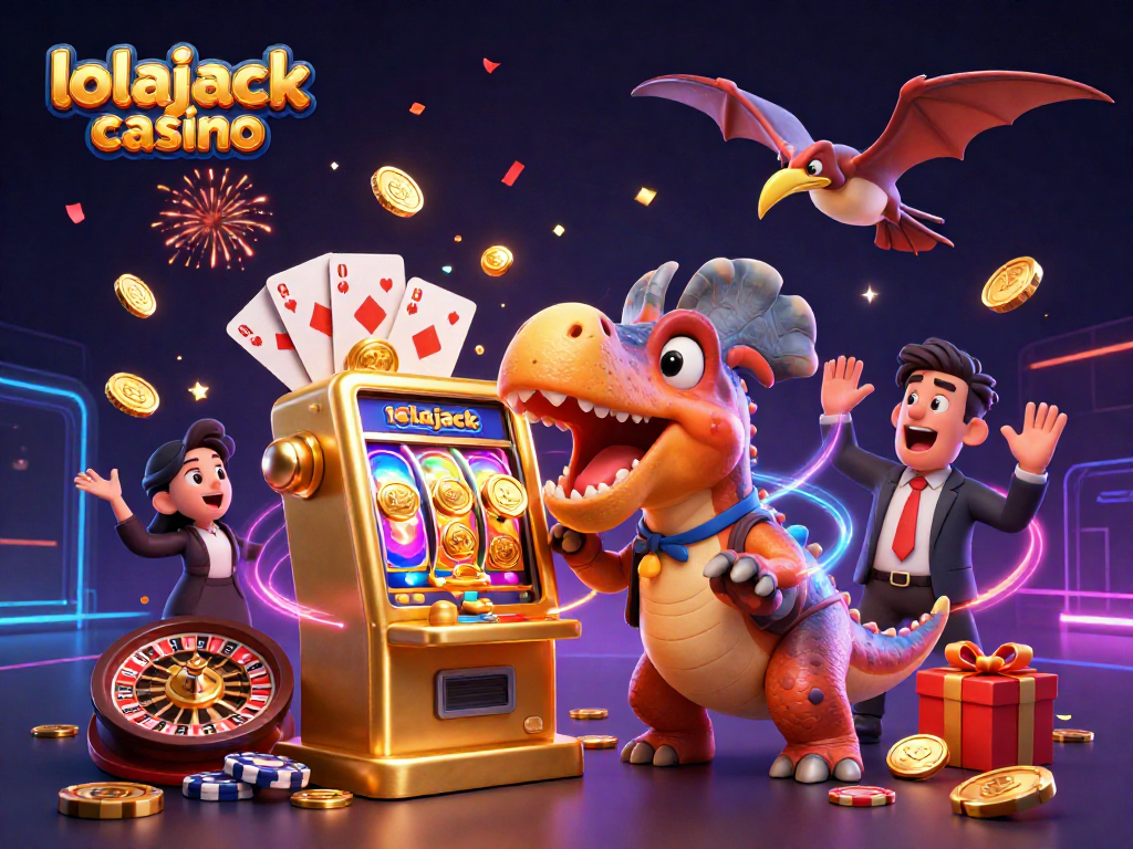 Experience thrilling action at lolajack casino with dinosaur characters amid a jackpot celebration scene.
