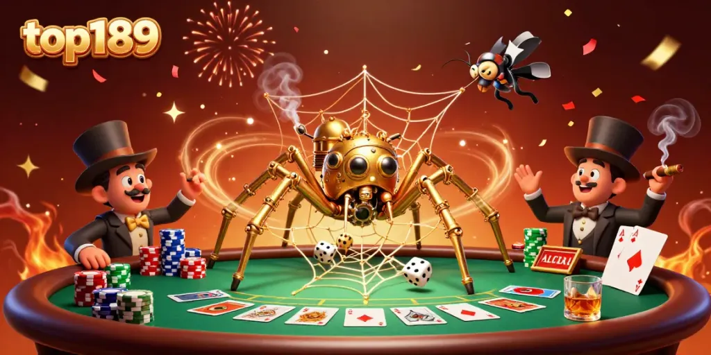Engage with top189 in a lively steampunk casino scene filled with poker elements and a spider motif.
