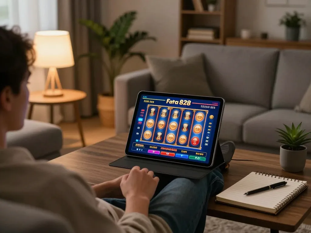 Engaging scene of Fafa 828 online gaming experience at home, featuring a player using a tablet amidst a cozy setting.