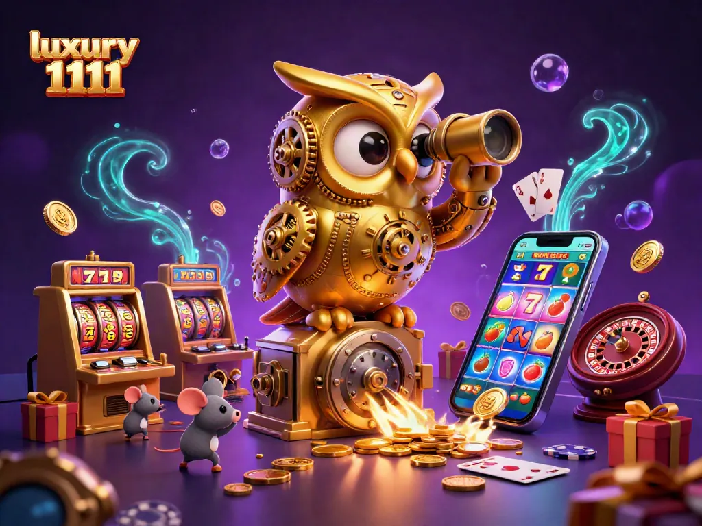 Permainan slot menarik luxury 1111 dengan burung hantu emas dan karakter unik di kasino.