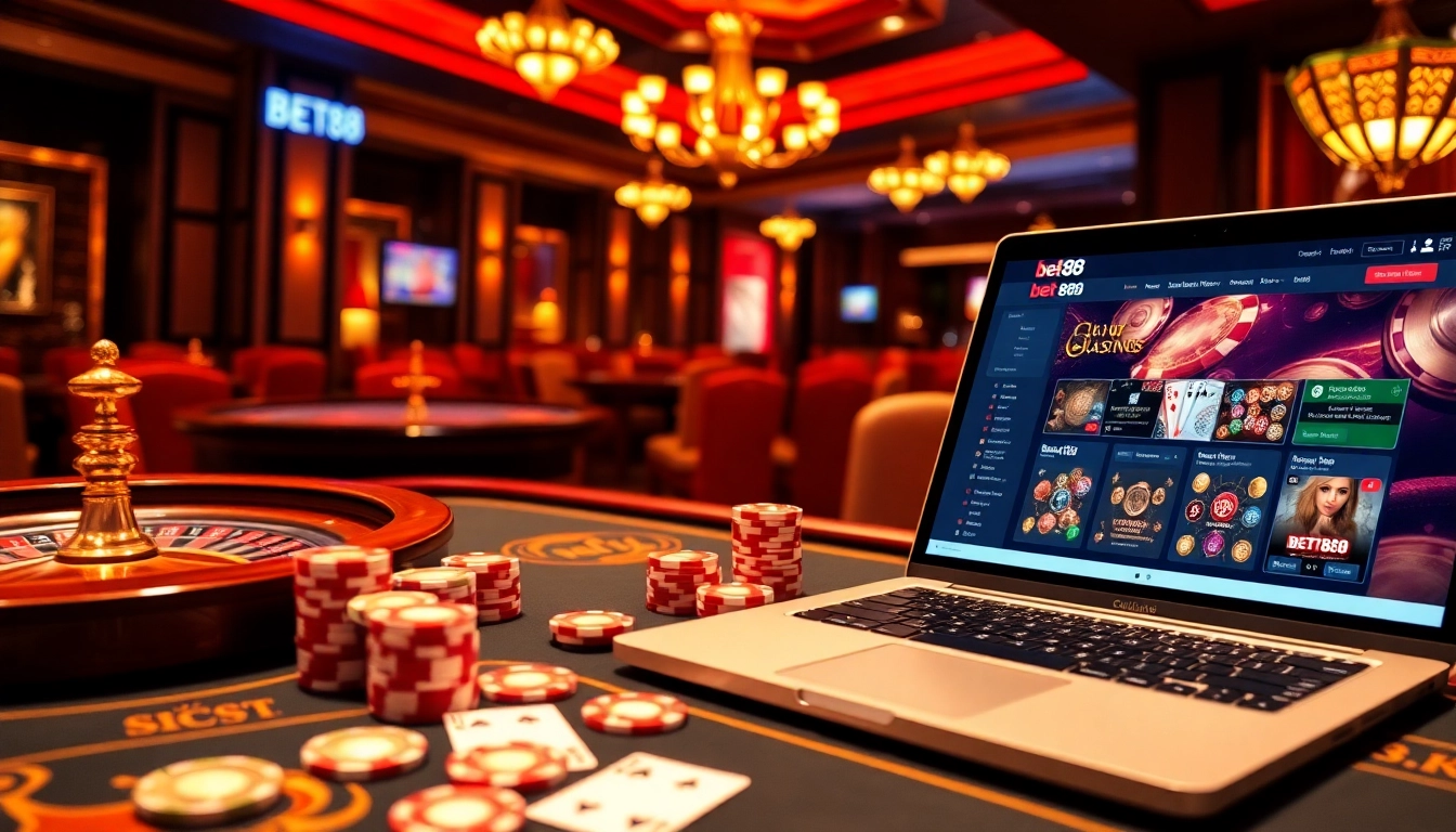 Exciting casino gameplay at nhà cái bet88 with vibrant poker chips and dynamic roulette wheel.