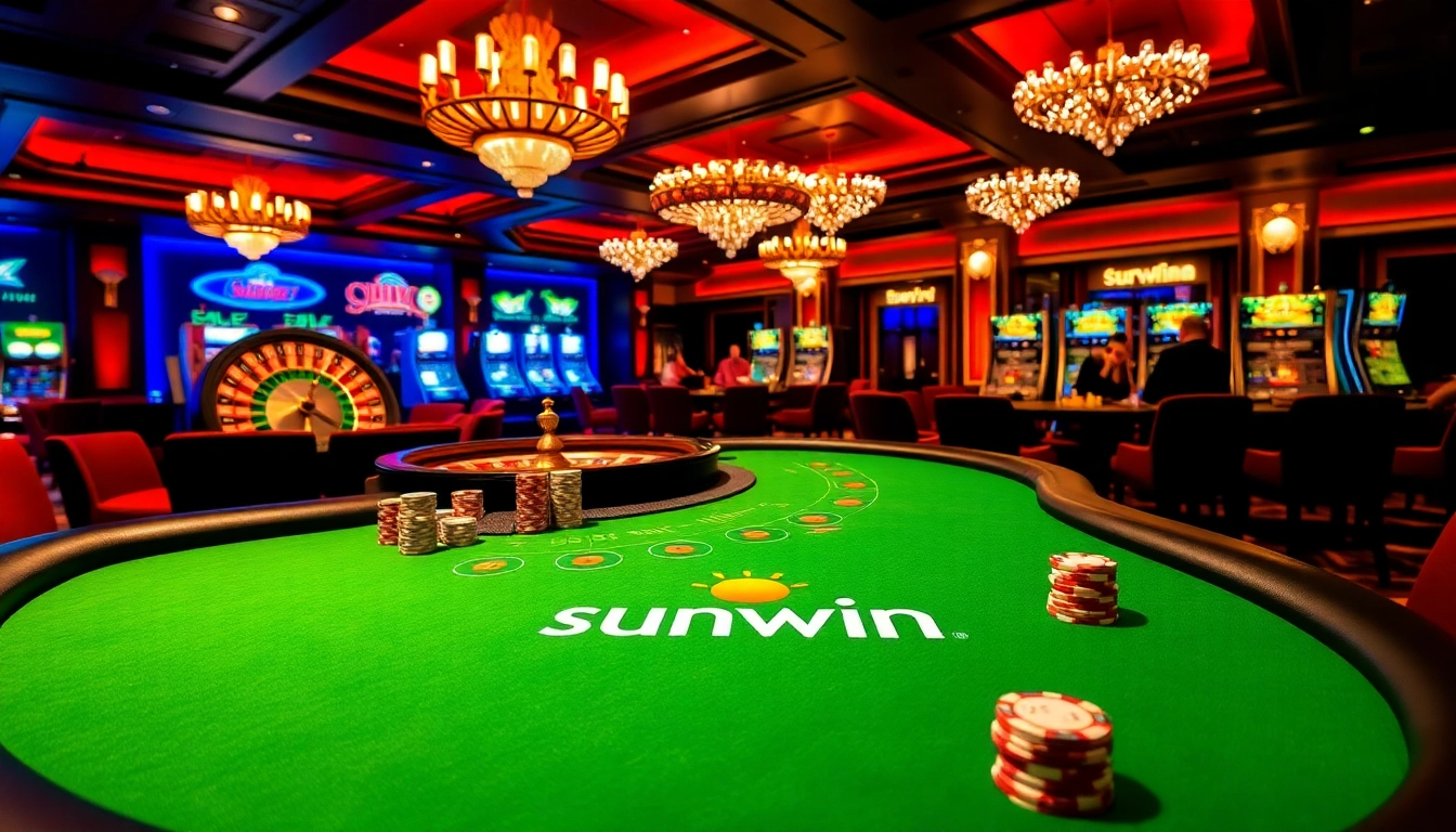 Players enjoy high-stakes poker at the sunwin casino, surrounded by vibrant tables and exciting atmosphere.