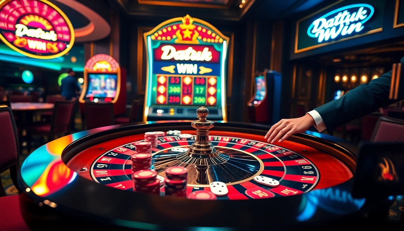 Rasakan permainan yang mendebarkan di kasino mewah di mana Datuk Win mendominasi suasana dengan rolet berwarna-warni dan mesin slot.
