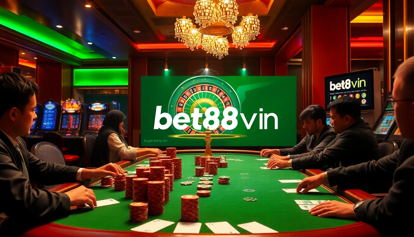 Players engaging at a vibrant poker table, showcasing bet88vn gaming excitement and sophistication.