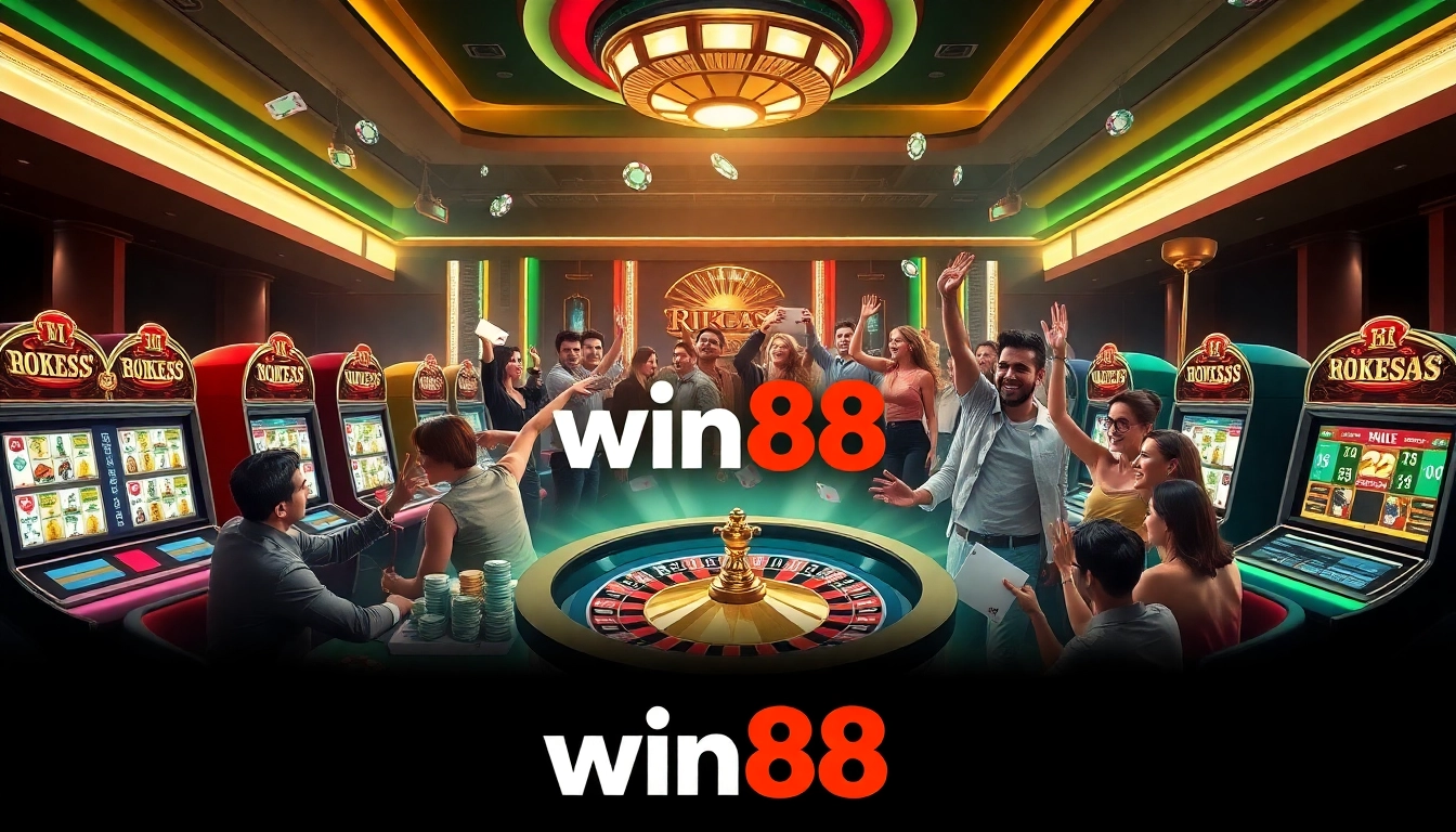 Win88 players celebrating wins at a luxurious online casino with poker chips and slot machines.