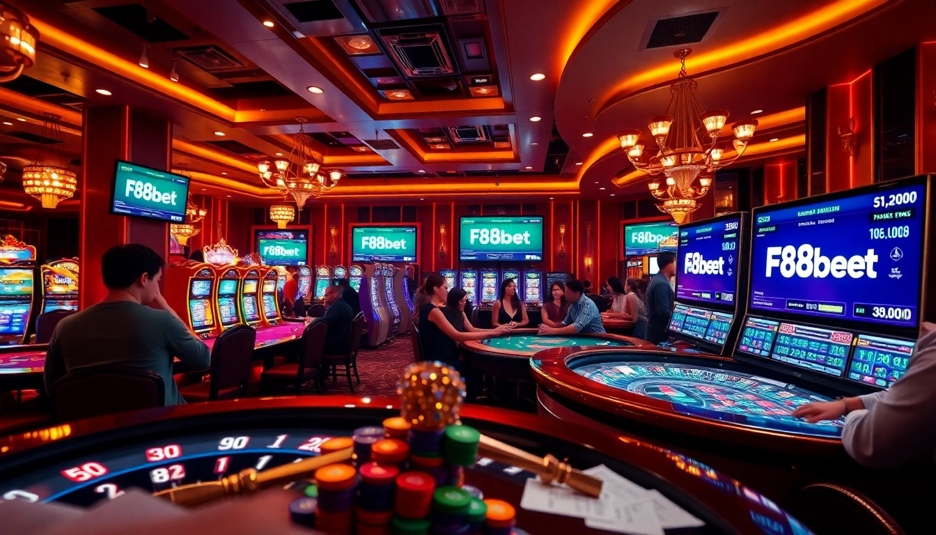 Players enjoying exciting games at F8bet casino tables under warm lighting.