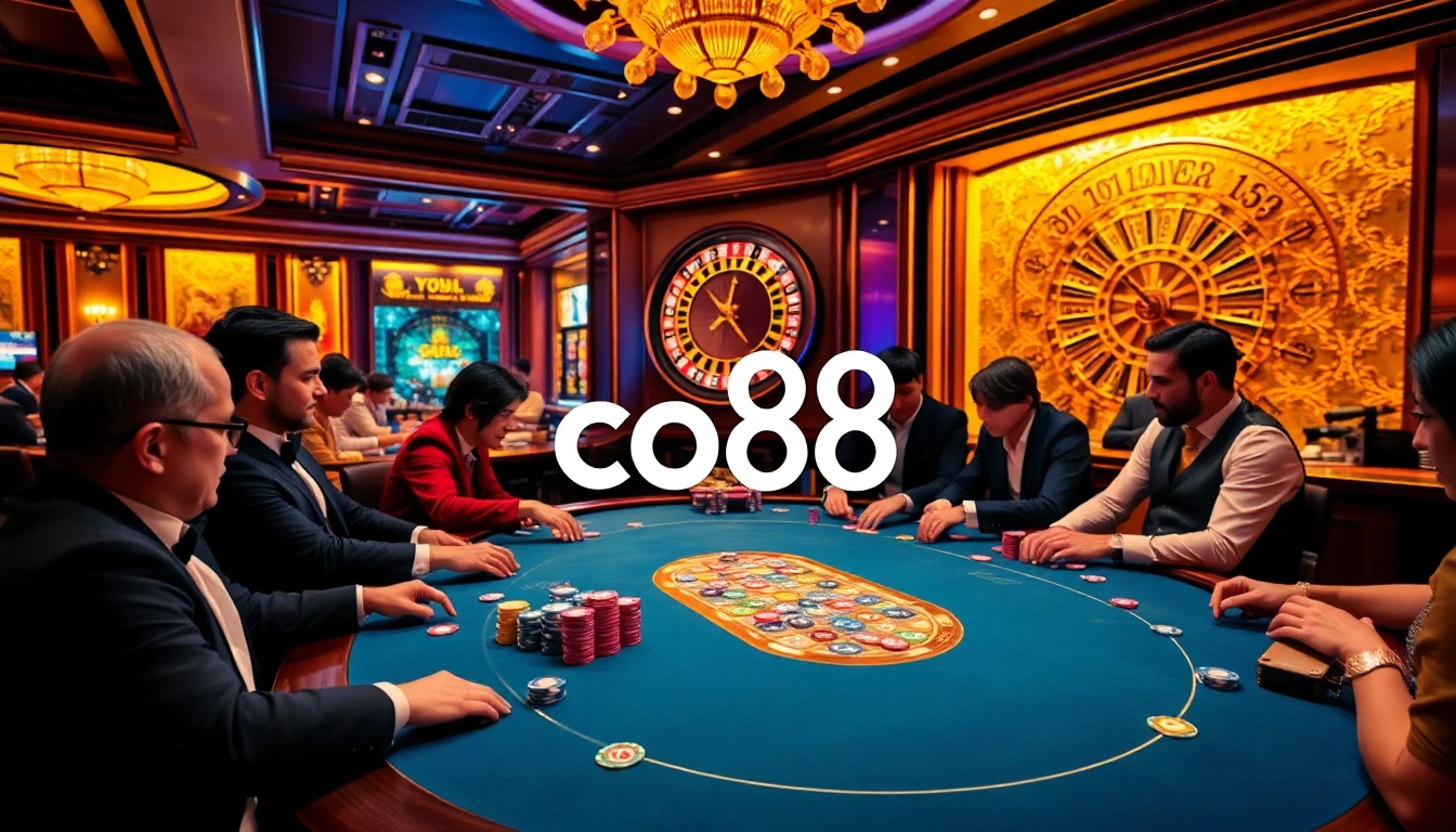 Engaged gamblers at a co88 poker table, immersed in excitement and strategy.