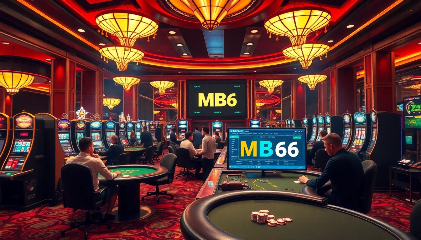 Excitement at MB66 casino floor with players celebrating wins and engaging in gaming.