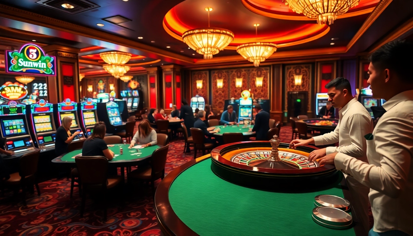 Excitement at the sunwin casino with players around poker tables and roulette.
