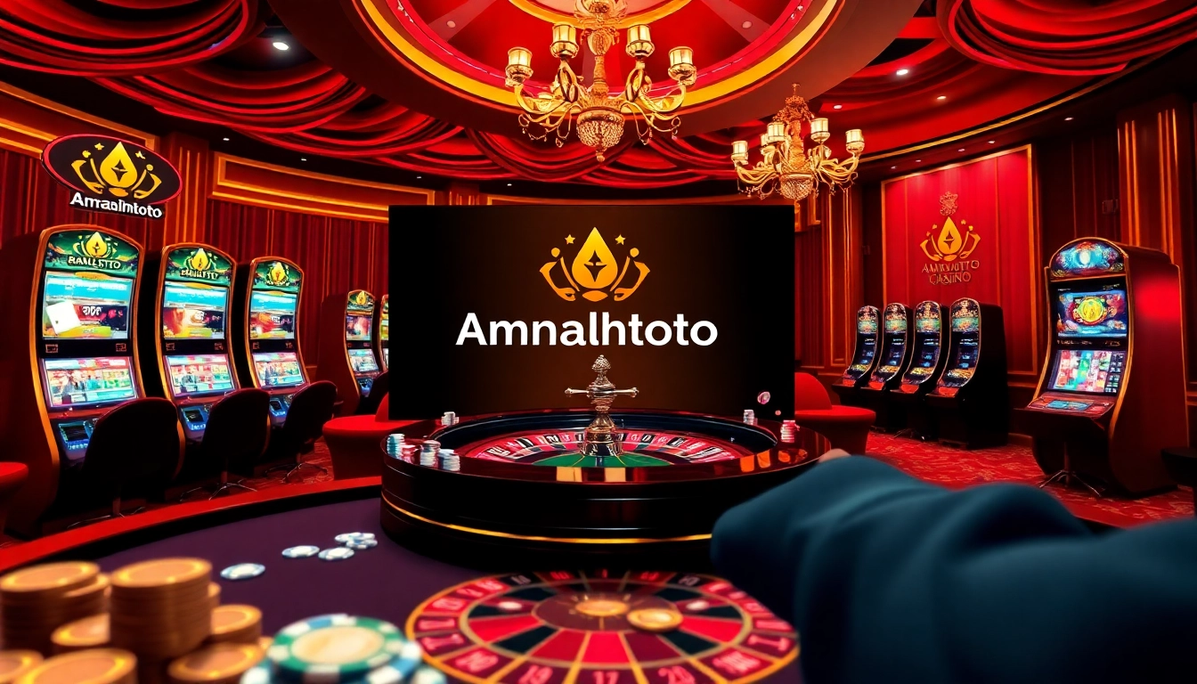 Experience the thrill of online gambling with Amanahtoto in a luxurious casino scene featuring vibrant slot machines and poker chips.