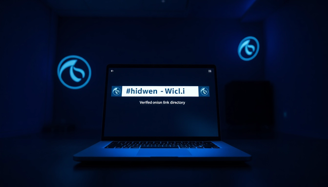 Access the hidden wiki URL securely in a professional dark web environment illuminated by ambient light.