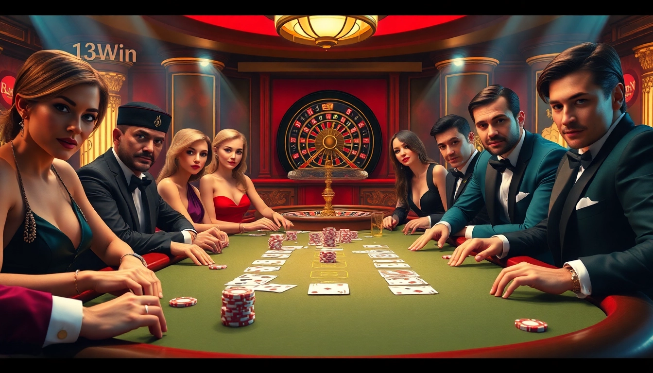 Poker table action at 13Win featuring players, chips, and excitement in a luxurious setting.