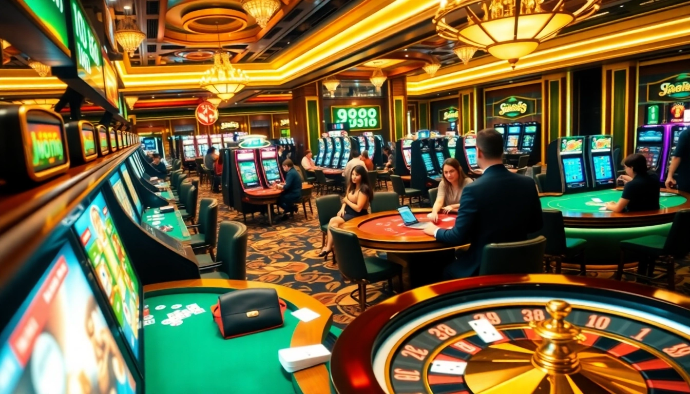Excited players experience the thrill of j88 gambling at a vibrant casino floor with slots and tables.