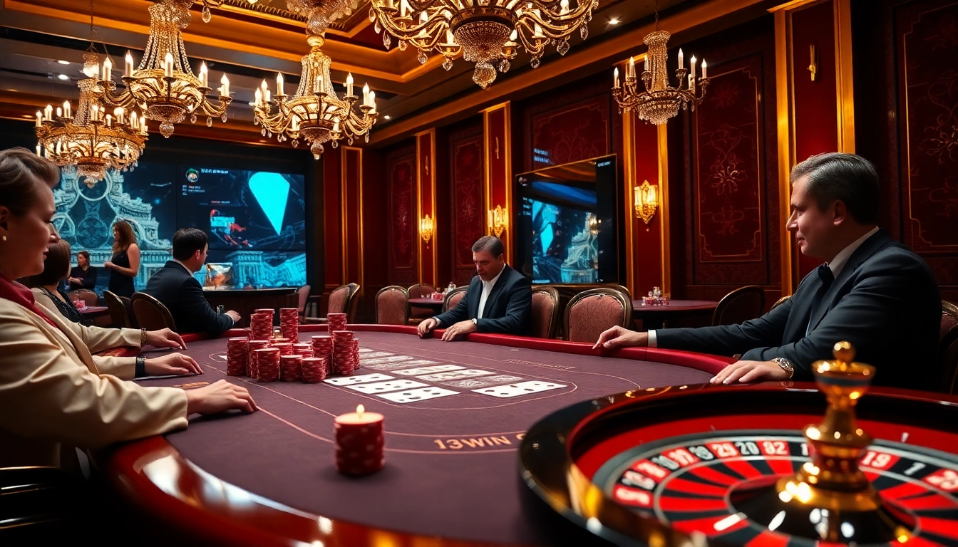 Players strategizing at the poker table in a luxurious casino scene at 13win1.