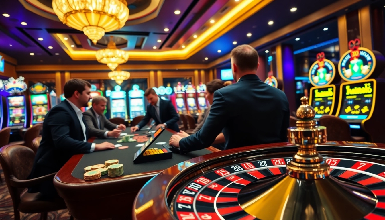 Experience qh88's luxury online casino atmosphere with players enjoying poker, slots, and roulette.