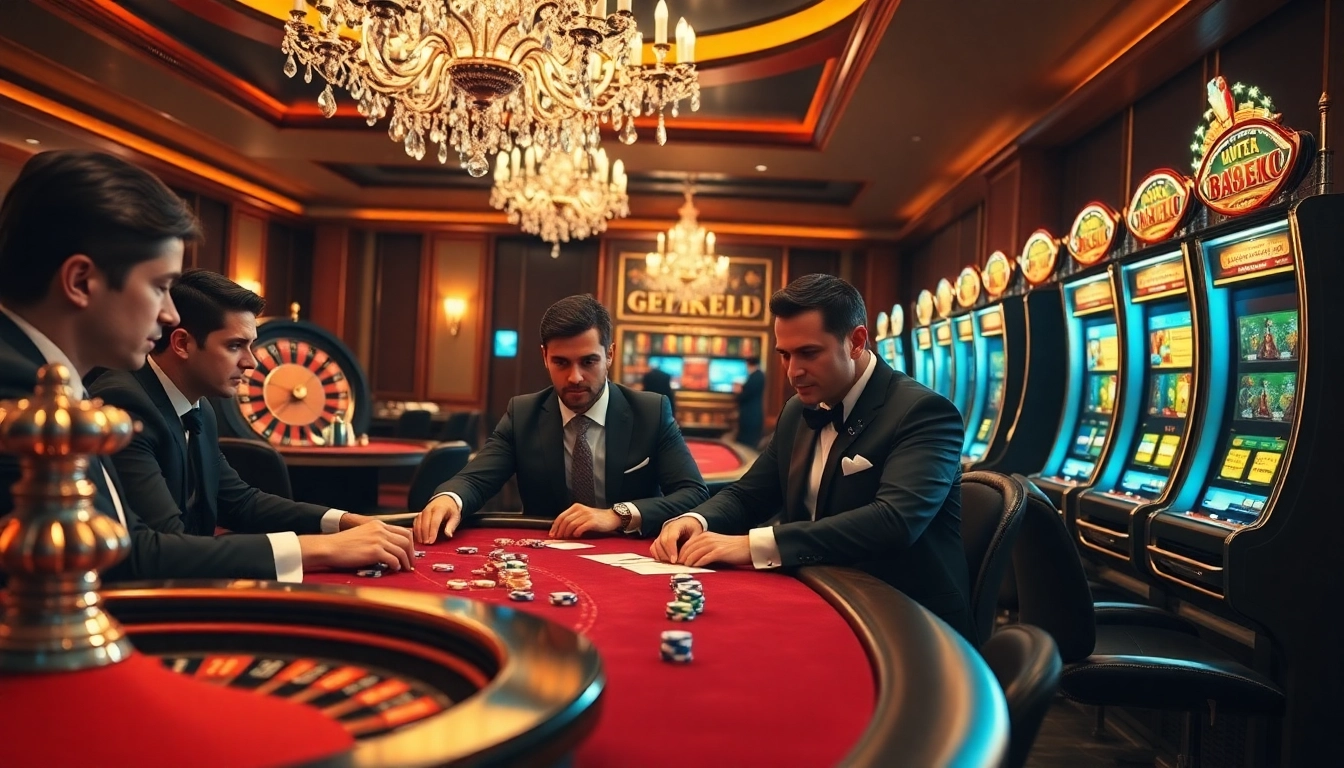 Players enjoying a poker game at a luxurious casino, highlighting rikbet gambling excitement.