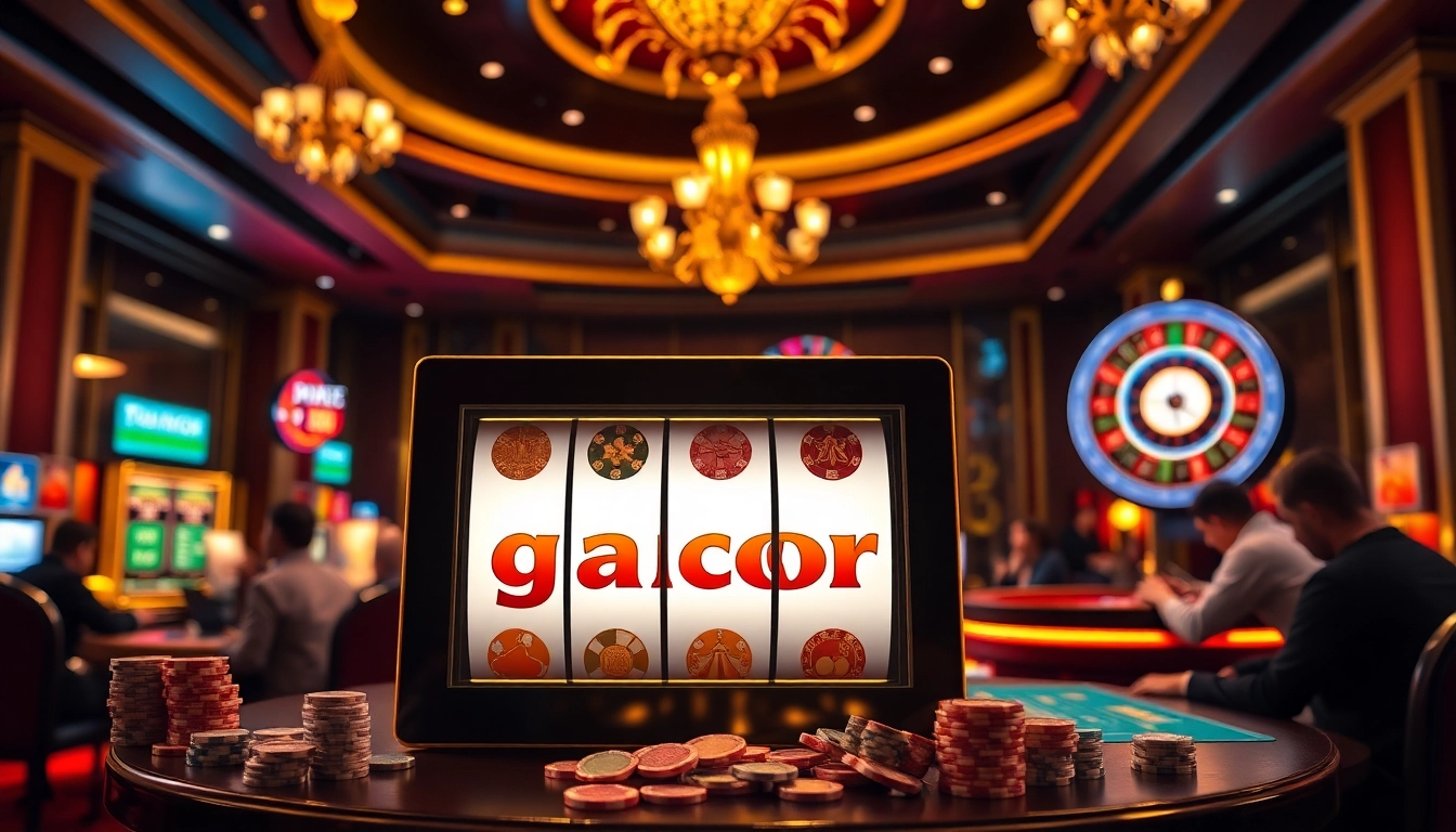 Players enjoying a thrilling gaming experience at a slot gacor machine in a luxurious casino.