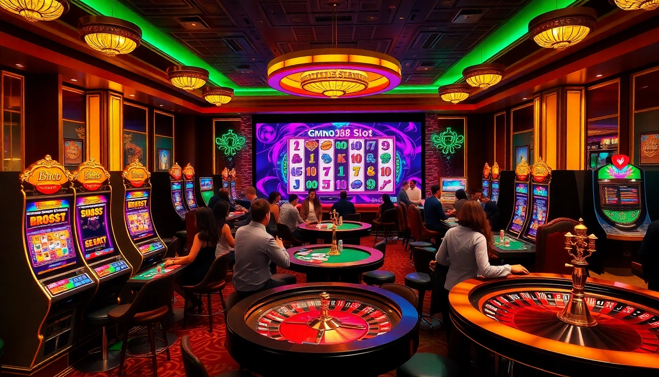 Gamblers enjoying the bro138 slot experience in a luxury casino setting with vibrant lights and excitement.