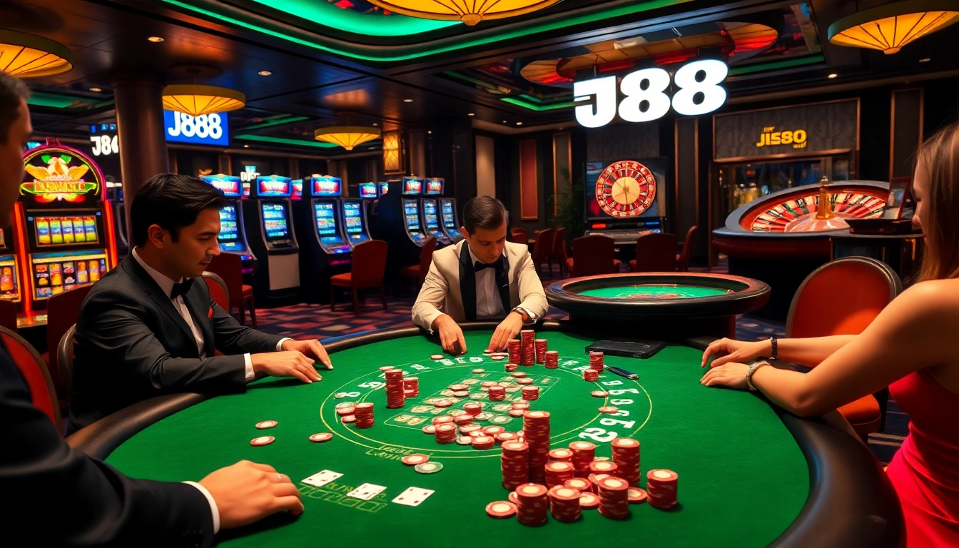 Players enjoy a vibrant poker game at J88 Casino, showcasing excitement and luxury.