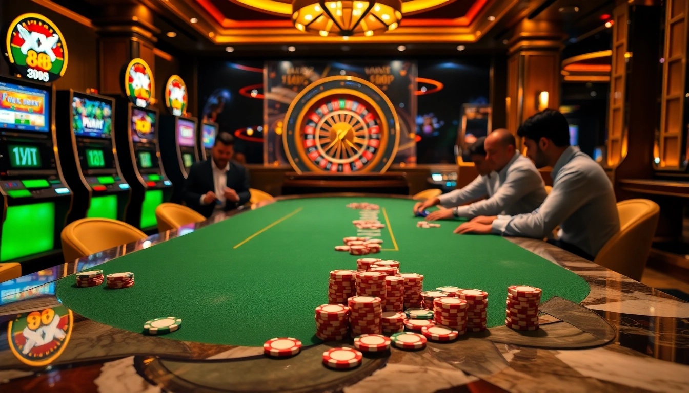 Dynamic poker game scene at XX 88 casino showcasing intense players and vibrant chips.