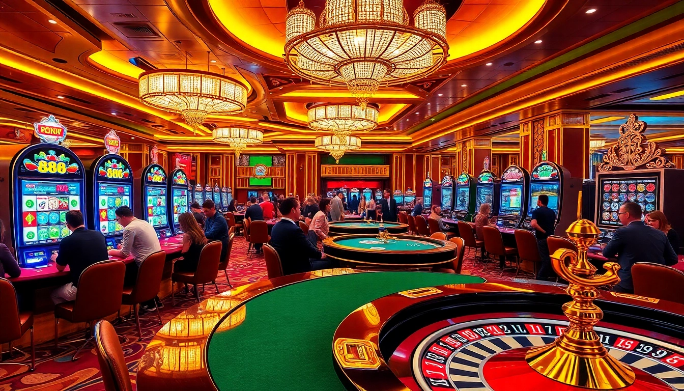 A diverse group playing slot88 machines in a luxury casino atmosphere, showcasing excitement and winning potential.