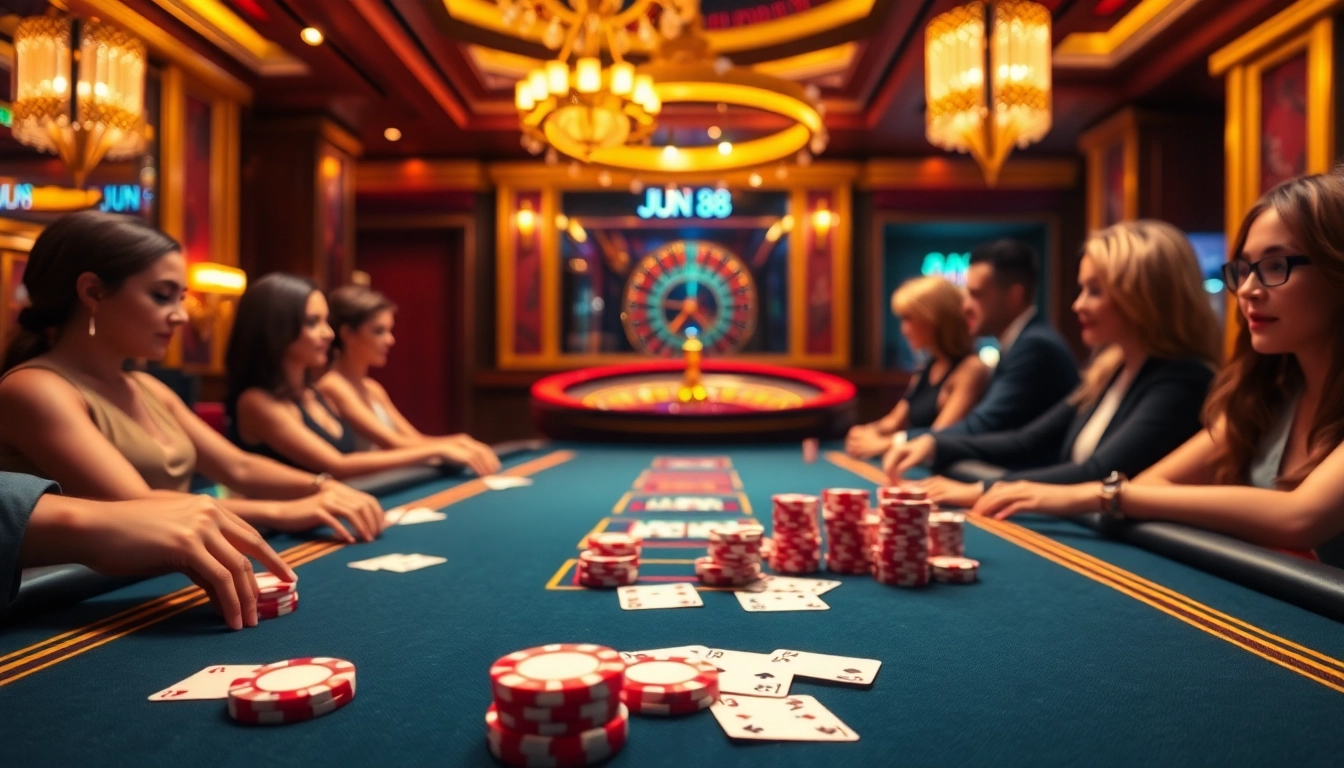 Experience intense gameplay at Jun 88 poker table with luxurious chips and cards.