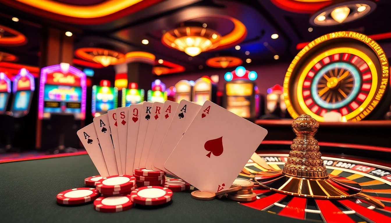 Sbobet login with vibrant casino scene featuring poker chips, slot machines, and roulette wheel.