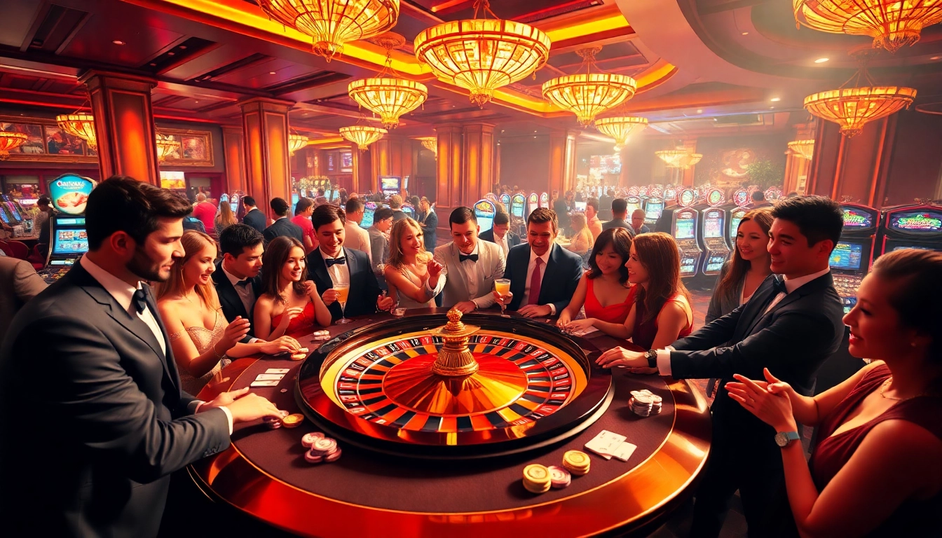 A thrilling casino scene featuring enthusiastic players at a roulette table, inspired by https://bem88.com.