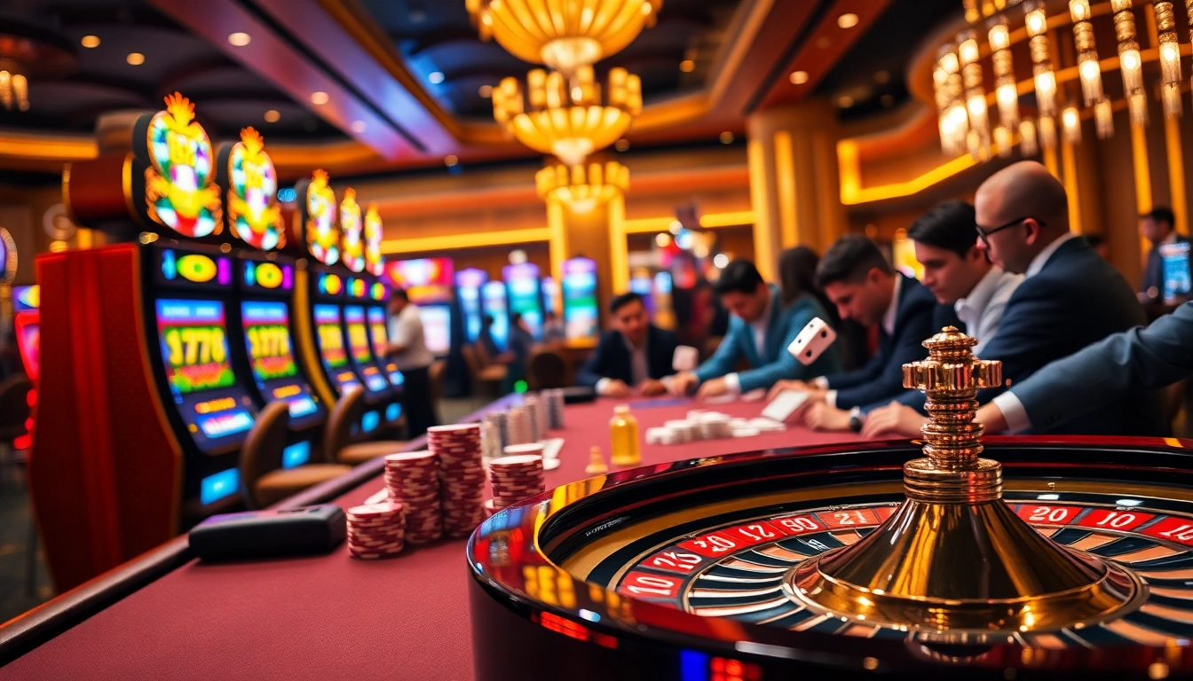 B52 casino players enjoying thrilling games at vibrant tables and slot machines.