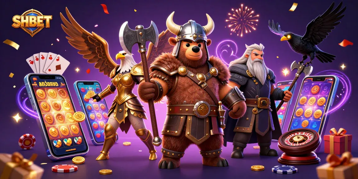 Experience thrilling gaming with SHBET's dynamic 3D casino characters amidst vibrant slot game elements.
