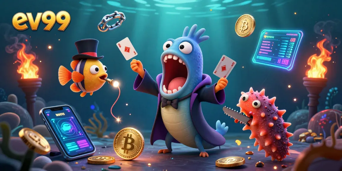 Ev99 highlights a thrilling underwater casino scene with vibrant characters and neon crypto elements.