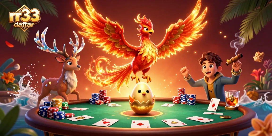 Engaging rr33 daftar illustration showing a phoenix and dynamic casino elements to attract players.